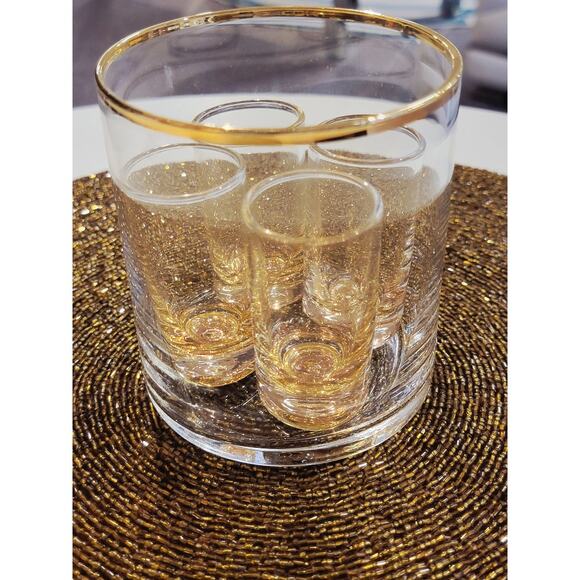 Vintage MCM Shot Glass Set w/ Holder Retro Barware Collector Gold Tone Rim - Picture 12 of 13